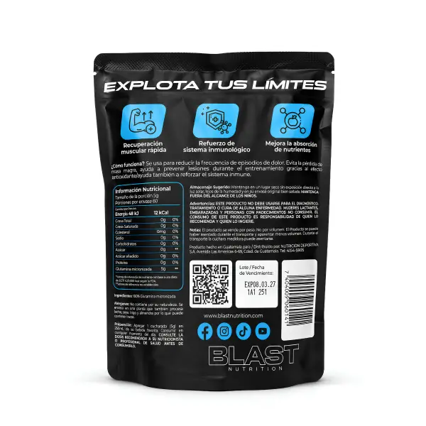 Glutamina Micronizada Blast Nutrition Guatemala Back.webp